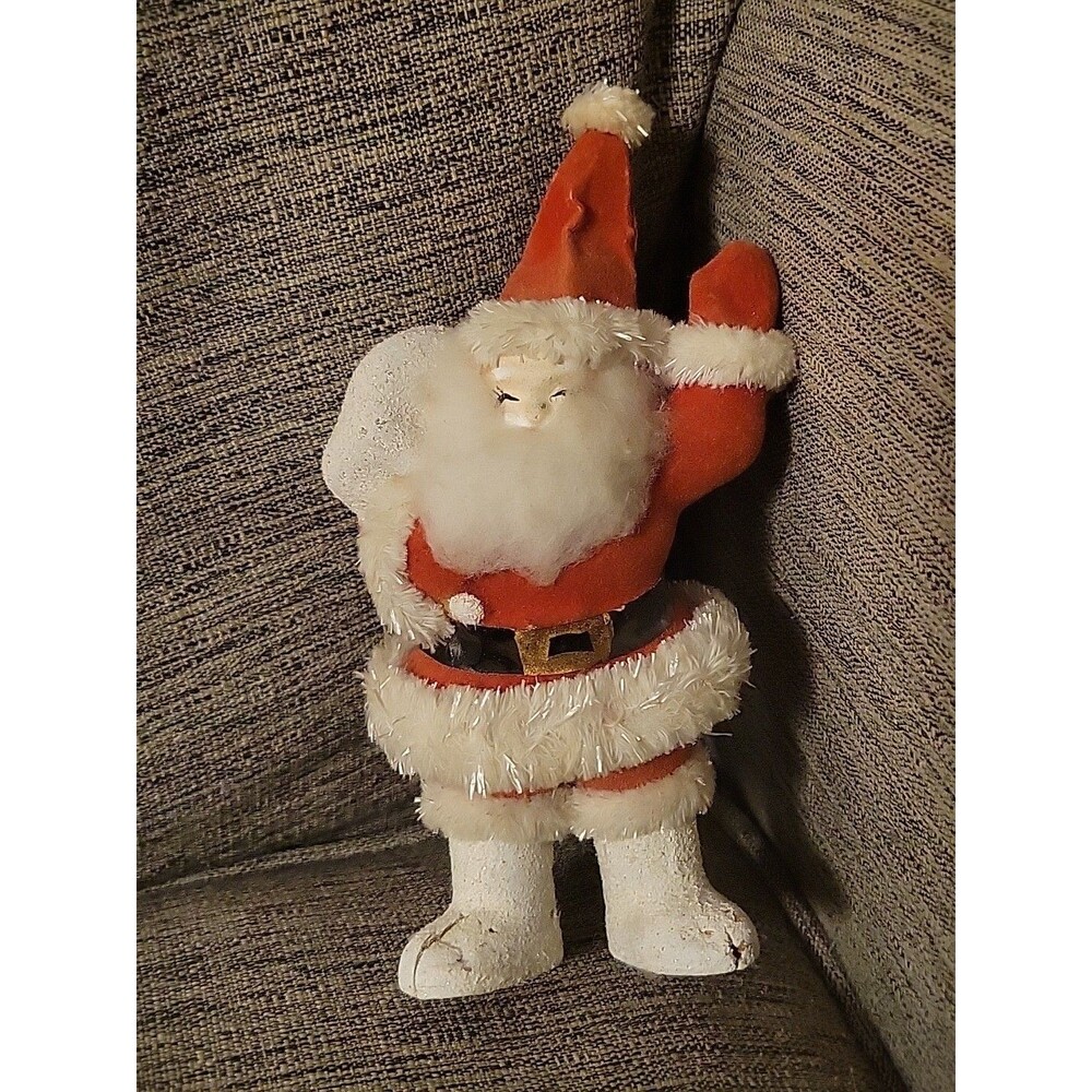 READ Vintage Santa Claus Felt Flocked Christmas Figurine Japan MCM Blow Mold 6"